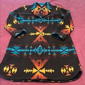 Pendleton xL woman’s long Black blanket Coat Orange & Blue Patterns buttons wool
